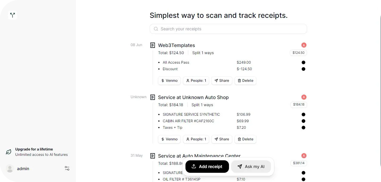 Receipt Scanner application dashboard